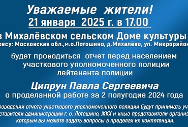 21 января состоятся отчеты участковых уполномоченных полиции в деревне Михалёво и посёлке Кировский