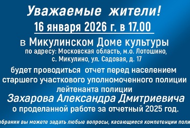Отчеты о работе участкового уполномоченного полиции пройдут в Микулино и Михалево 16 и 17 января